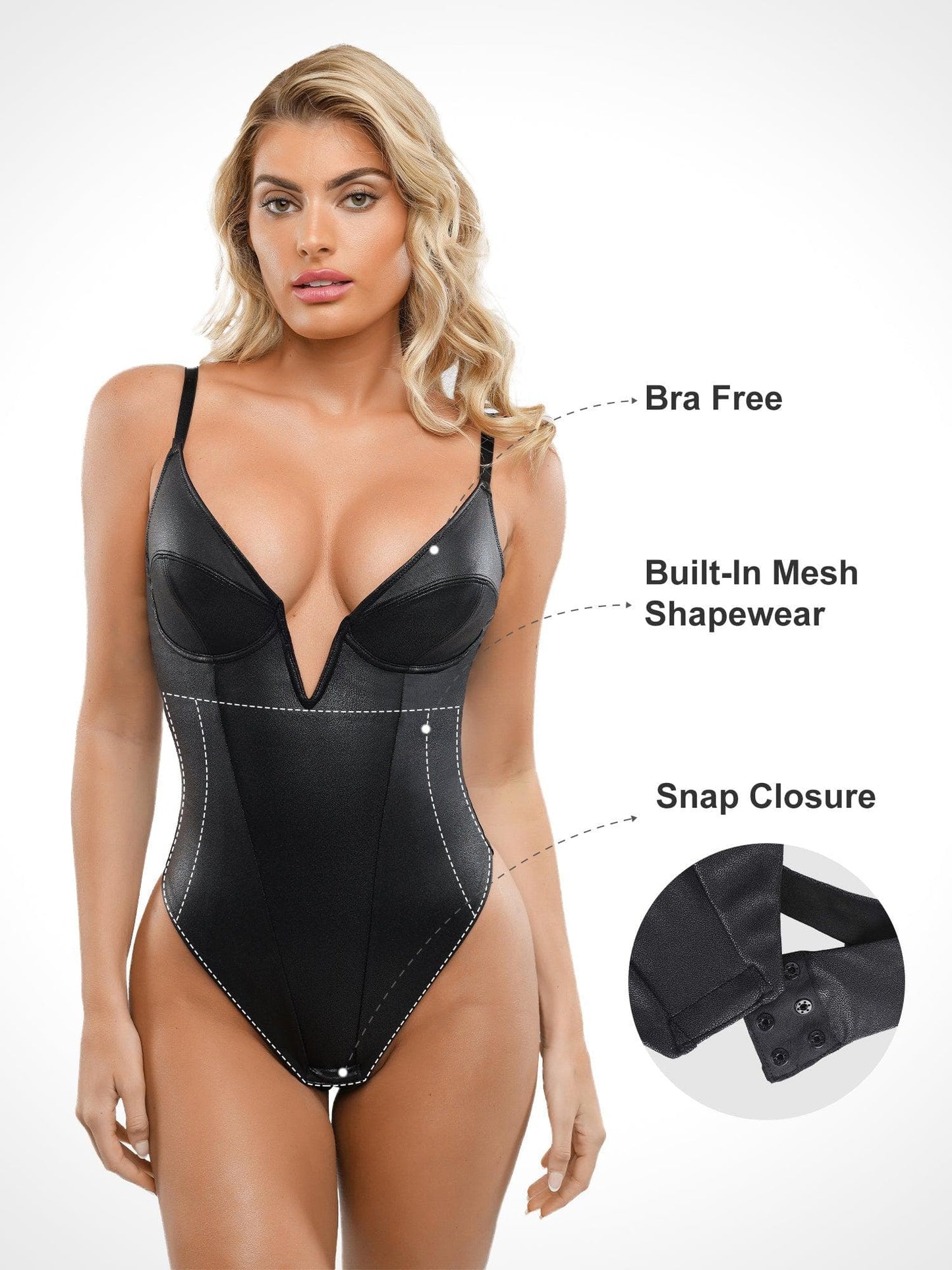 Shapewear Deep V-Neck Leather Bodysuit Slit Midi Skirt Set