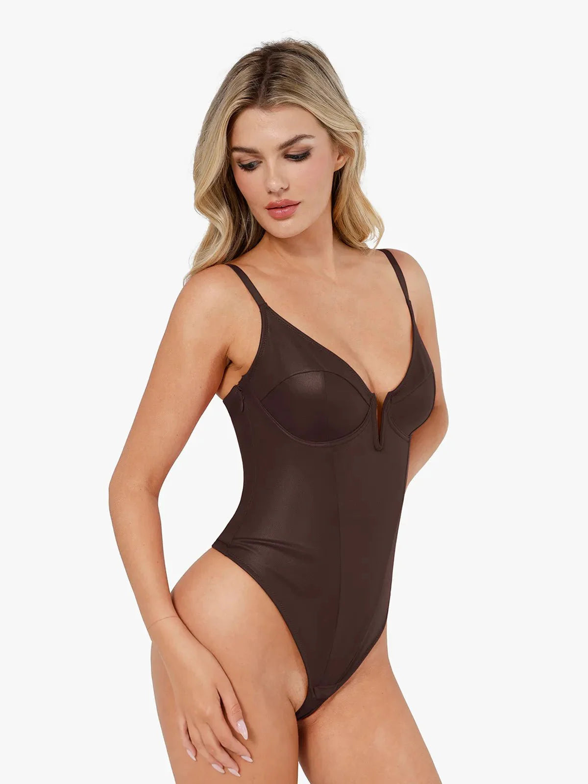 Shapewear Deep V-Neck Leather Bodysuit Slit Midi Skirt Set