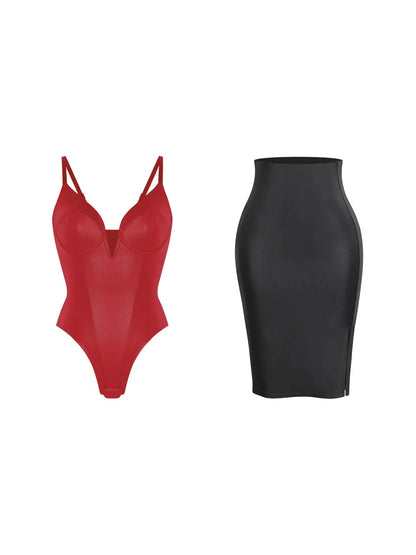 Shapewear Deep V-Neck Leather Bodysuit Slit Midi Skirt Set