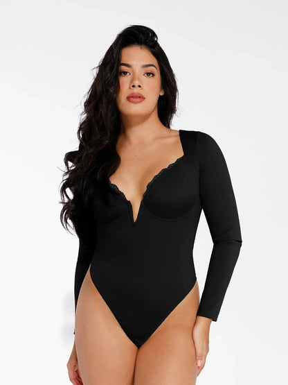 Shapewear Sculpting Lace Trim Bodysuit Midi Wrap Skirt Set