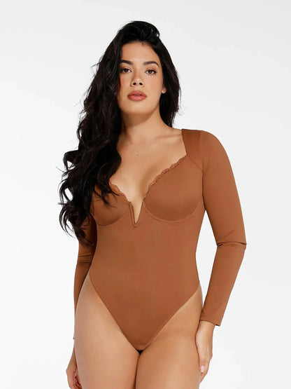 Shapewear Sculpting Lace Trim Bodysuit Midi Wrap Skirt Set
