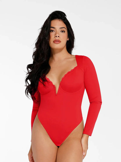 Shapewear Sculpting Lace Trim Bodysuit Midi Wrap Skirt Set