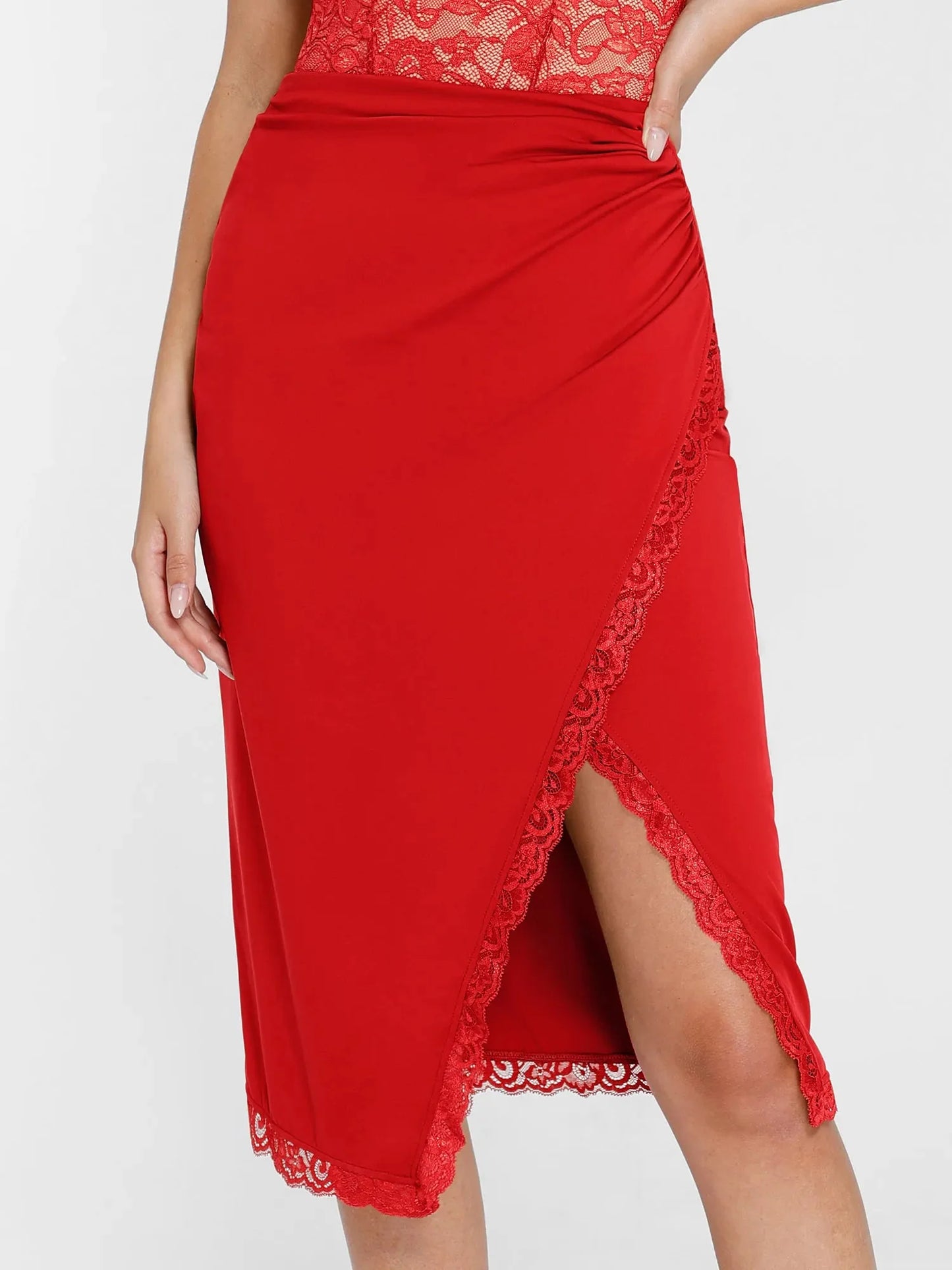 Shapewear Sculpting Lace Trim Bodysuit Midi Wrap Skirt Set