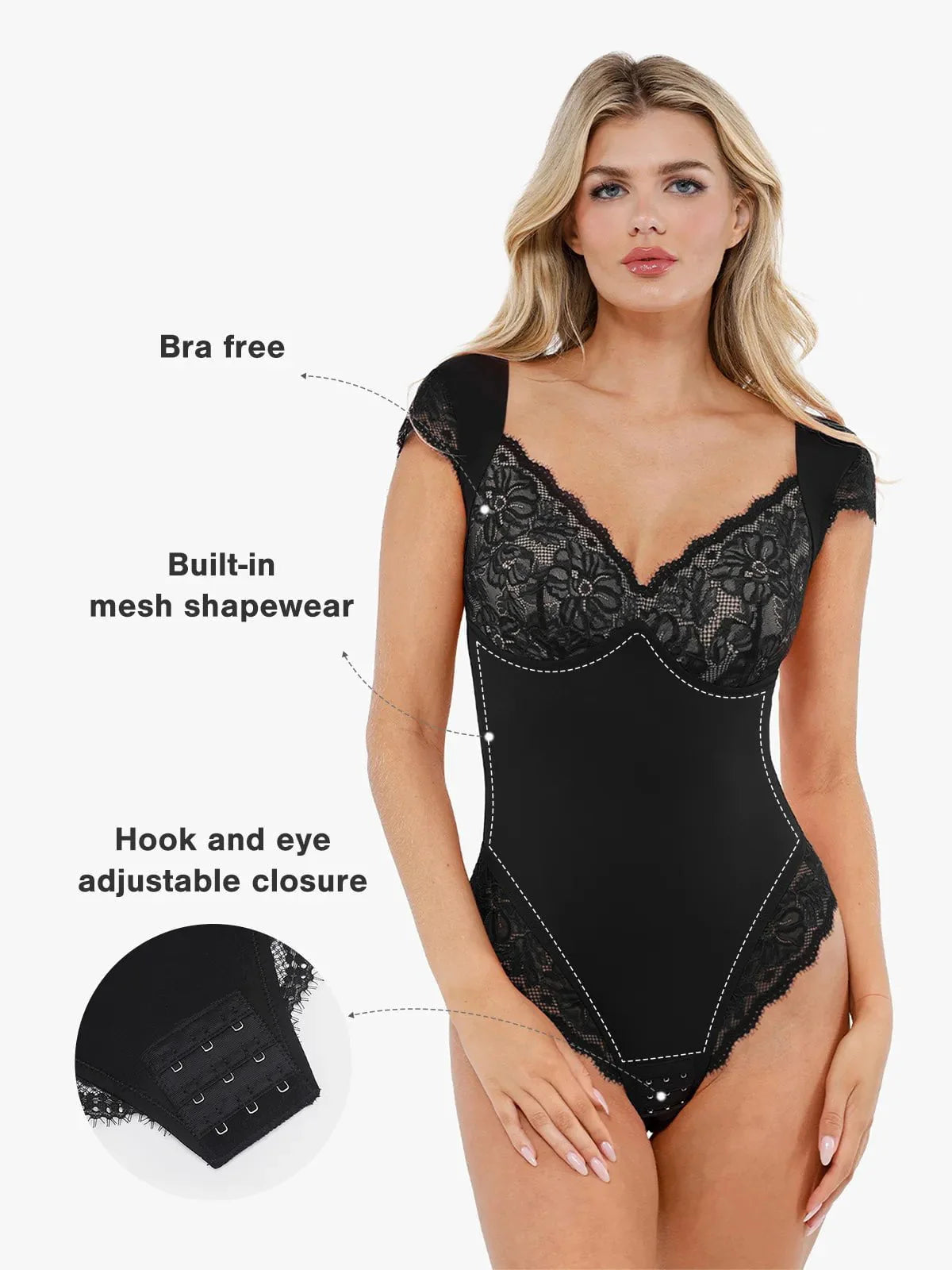 Sexy Shapewear Deep V Cap Sleeve Lace Bodysuit