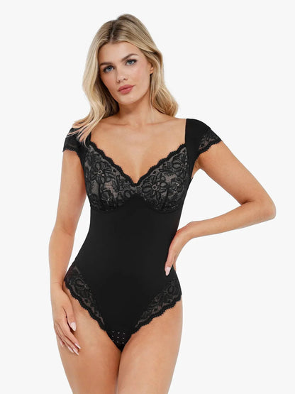 Sexy Shapewear Deep V Cap Sleeve Lace Bodysuit