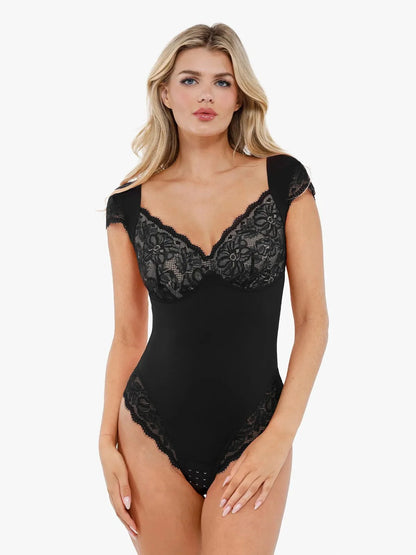 Sexy Shapewear Deep V Cap Sleeve Lace Bodysuit