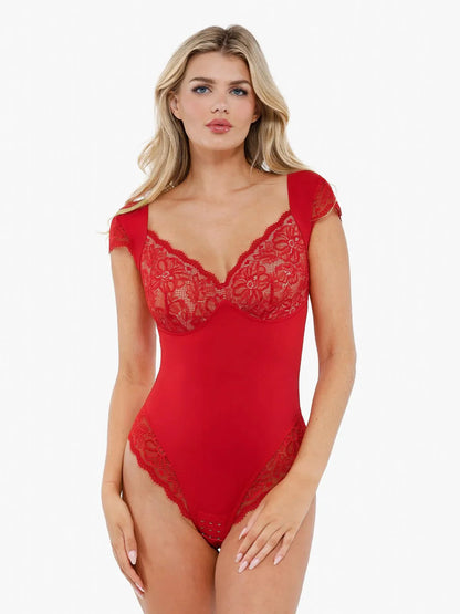 Sexy Shapewear Deep V Cap Sleeve Lace Bodysuit