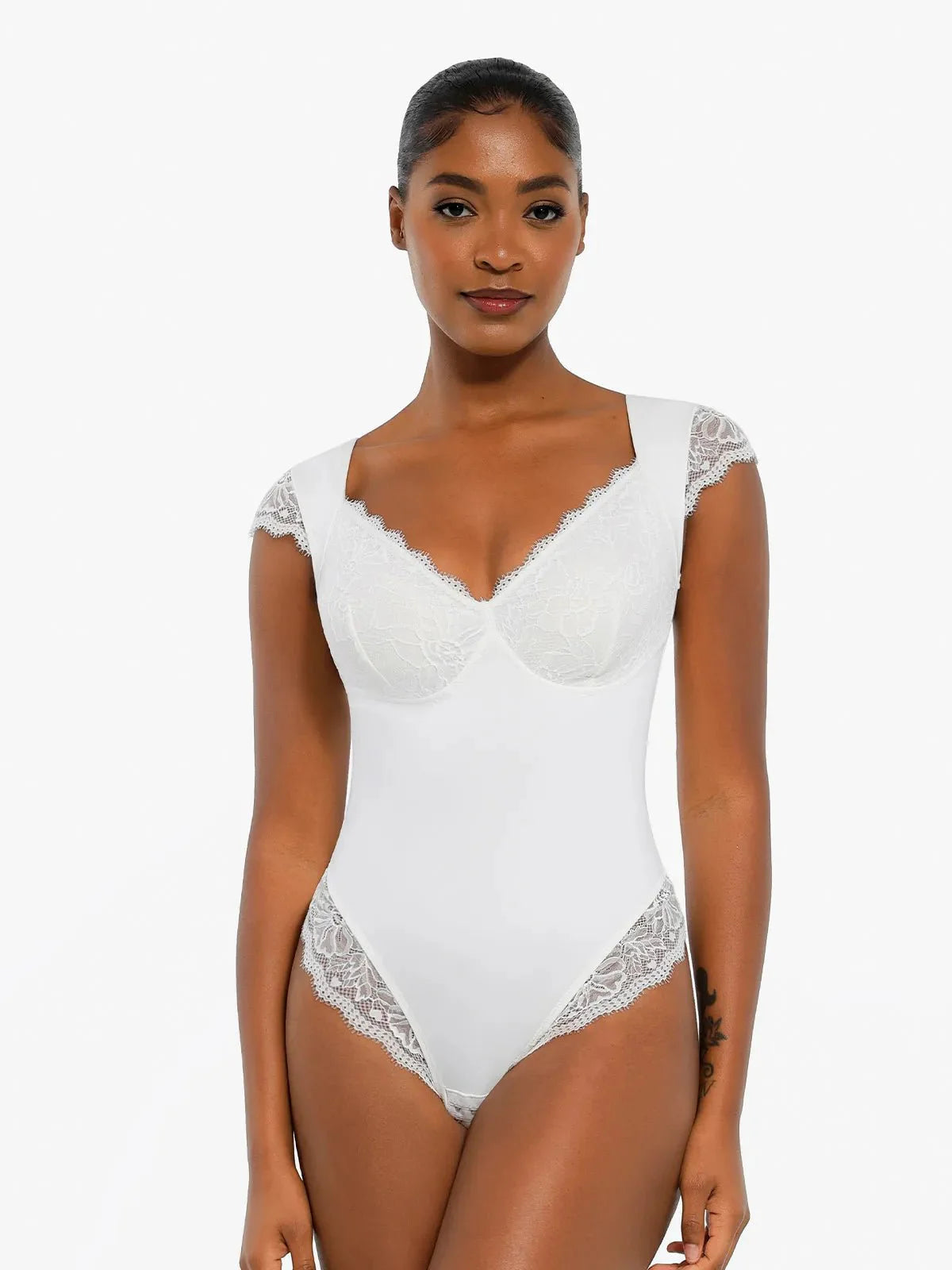 Sexy Shapewear Deep V Cap Sleeve Lace Bodysuit