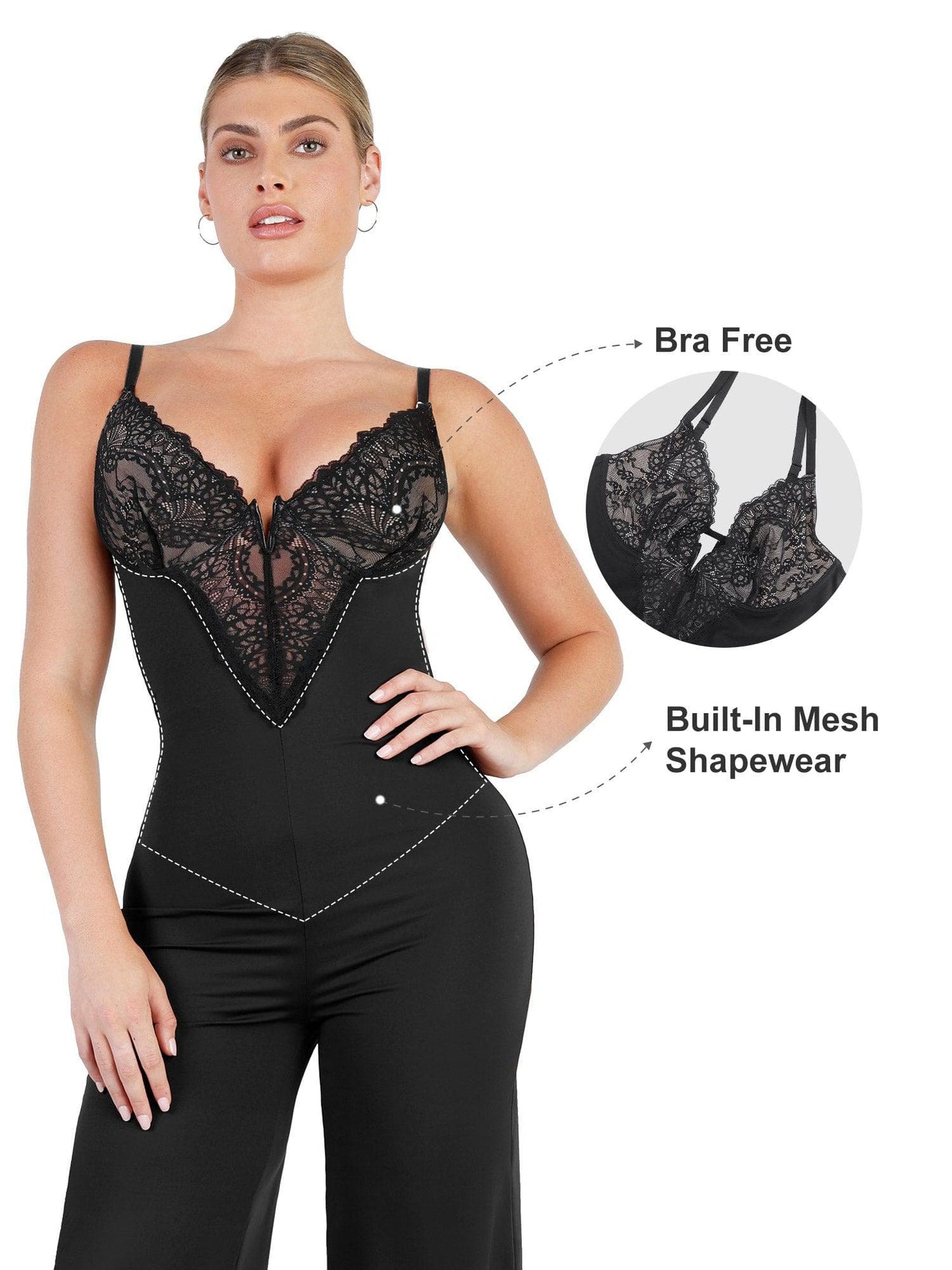 Shapewear Lace Deep V-Neck Sculpting Wide Leg Jumpsuit For Insiders