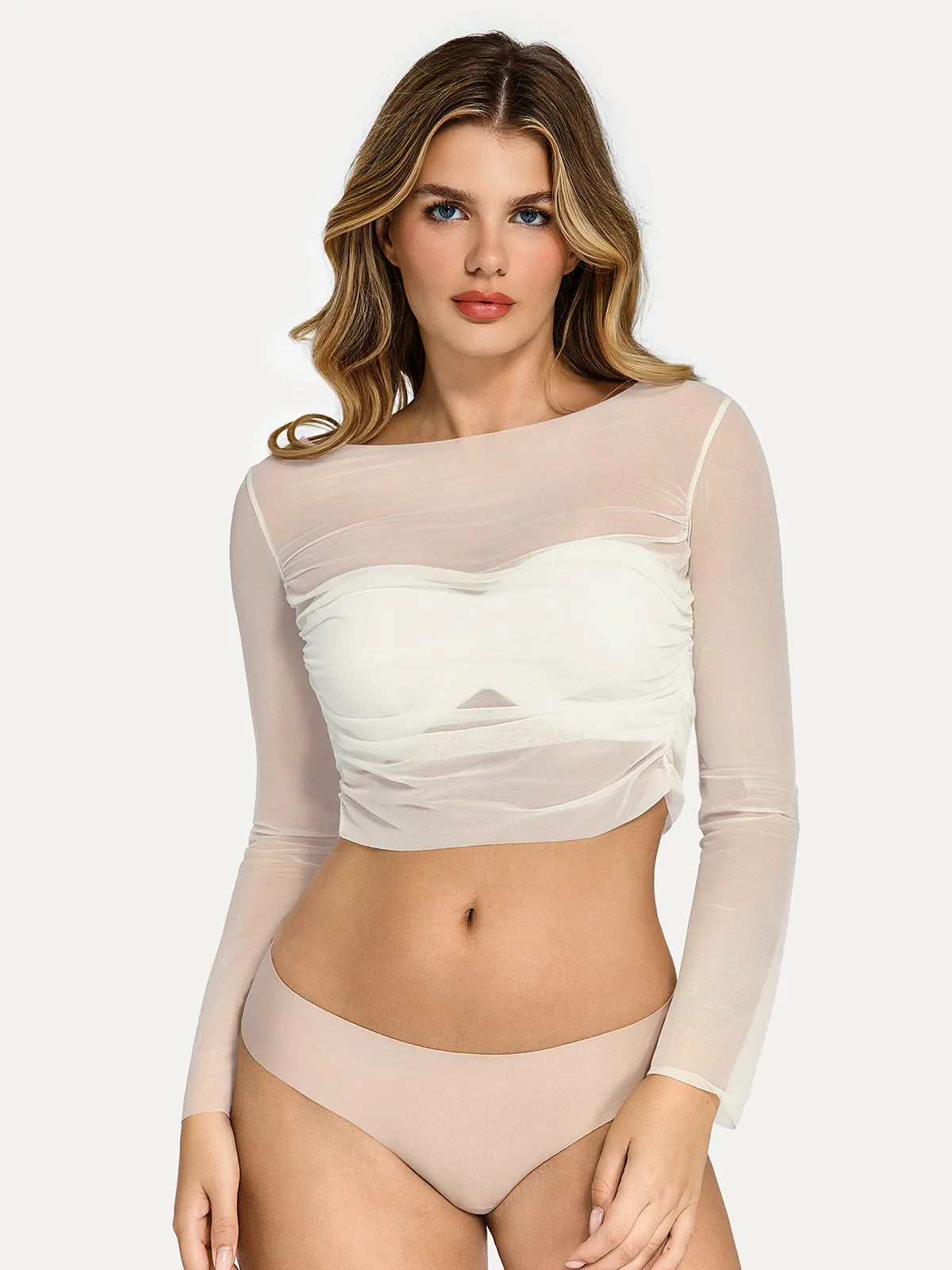 Long Sleeve Ruched Sheer Mesh Crop Top