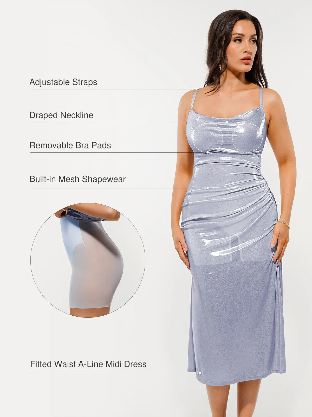 Metallic Cowl Neck Side Ruched Sculpting Tummy Control Midi Dress