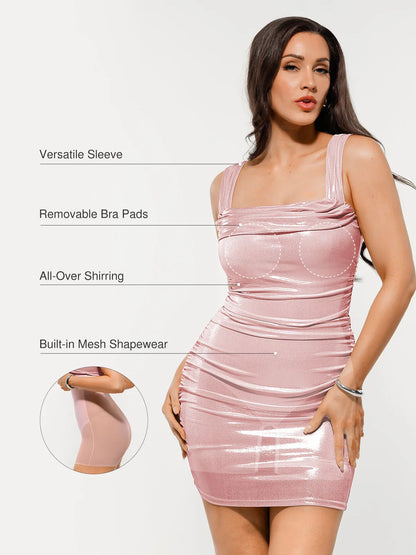 Metallic Off-The Shoulder Ruched Sculpting Tummy Control Mini Dress
