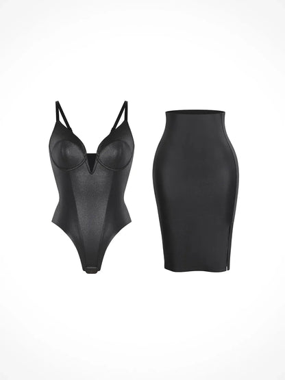 Shapewear Deep V-Neck Leather Bodysuit Slit Midi Skirt Set