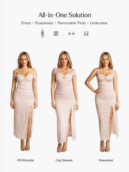 Off-The-Shoulder Sculpting Floral Print Maxi Dress