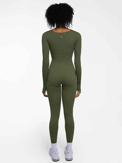 Popilush Ribbed U Neck Built-in Bra Tummy Control Jumpsuit