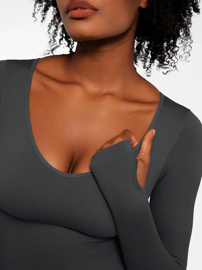 Popilush Ribbed U Neck Built-in Bra Tummy Control Jumpsuit