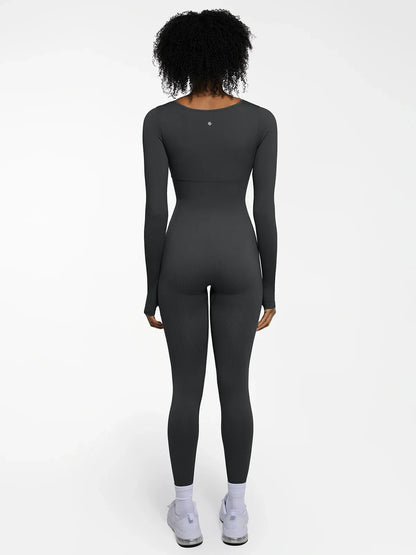 Popilush Ribbed U Neck Built-in Bra Tummy Control Jumpsuit