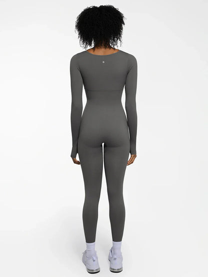 Popilush Ribbed U Neck Built-in Bra Tummy Control Jumpsuit