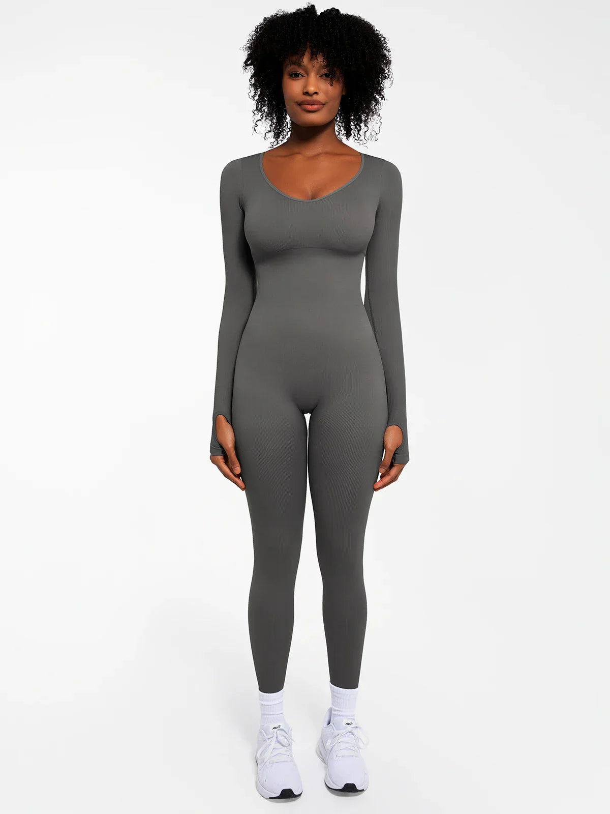 Popilush Ribbed U Neck Built-in Bra Tummy Control Jumpsuit