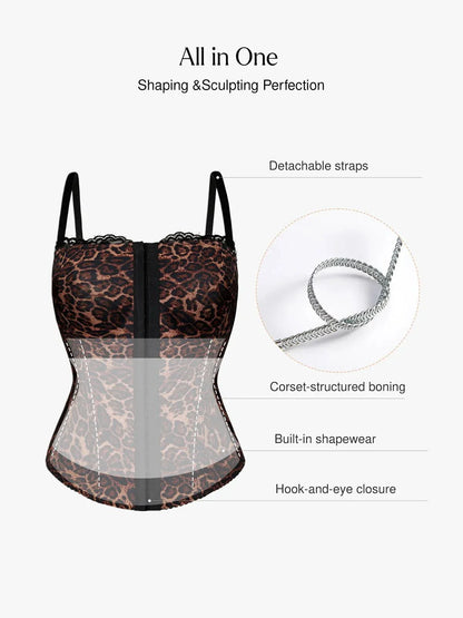 Shapewear Sculpting Leopard Mesh Detachable Strap Corset Top