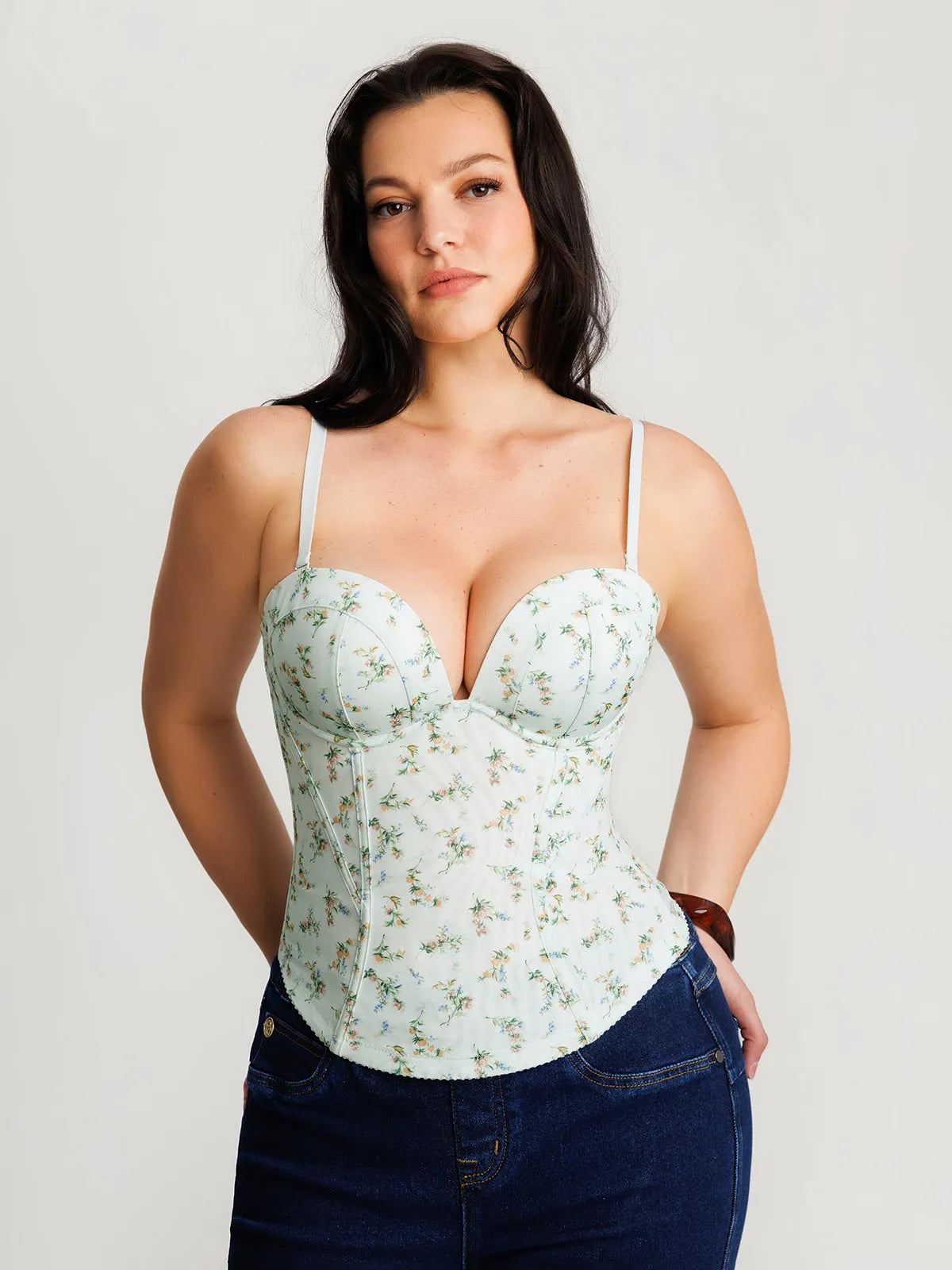 Sculpting Push-Up Lace Floral Boned Convertible Strap Corset Top