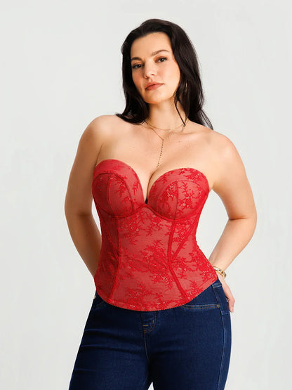 Sculpting Push-Up Lace Floral Boned Convertible Strap Corset Top