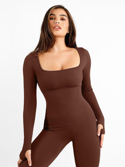 The Shapewear Jumpsuit Seamless Thumb Hole Square Neck Long Sleeve For Insiders