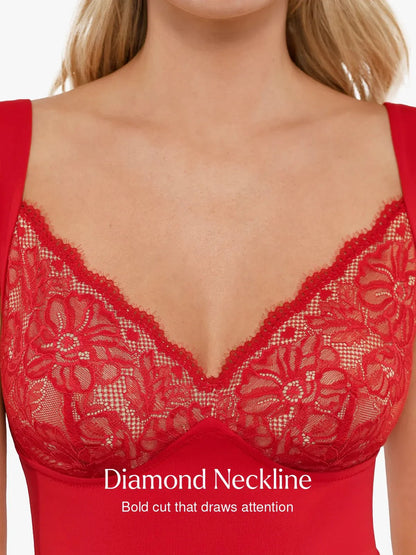 Sexy Shapewear Deep V Cap Sleeve Lace Bodysuit