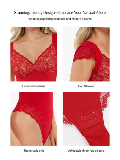 Sexy Shapewear Deep V Cap Sleeve Lace Bodysuit