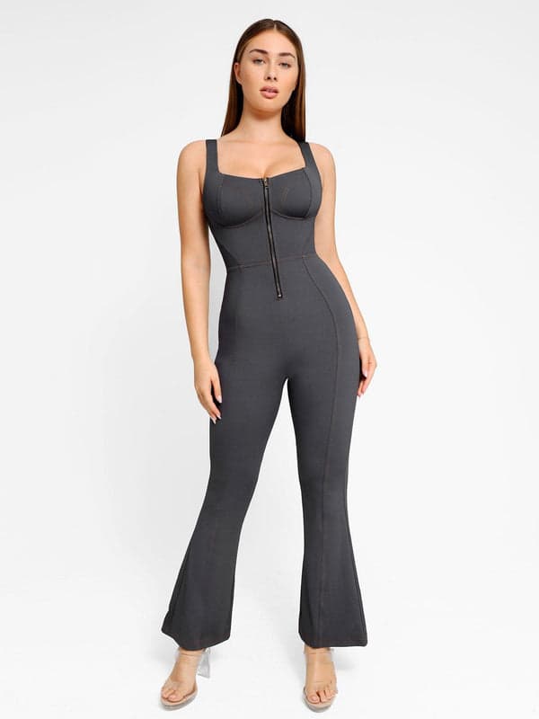 Shapewear Denim Short Sleeve Zip Front Butt Lift Jumpsuit