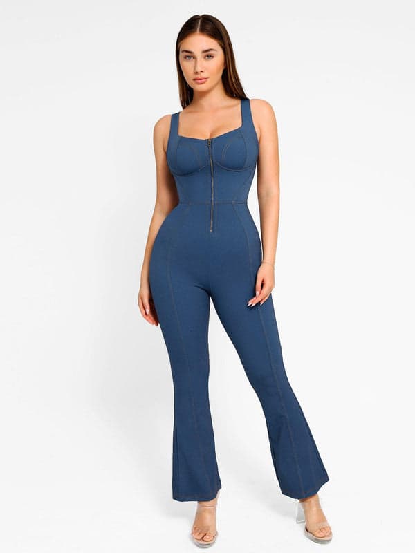 Shapewear Denim Short Sleeve Zip Front Butt Lift Jumpsuit