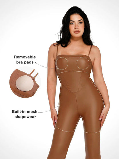 Shapewear Faux Leather Corset Jumpsuit Set
