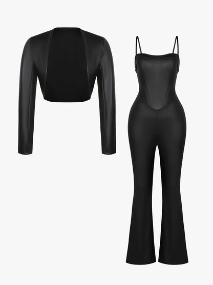 Shapewear Faux Leather Corset Jumpsuit Set