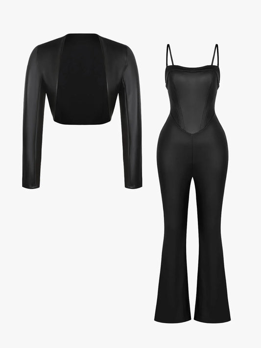 Shapewear Faux Leather Corset Jumpsuit Set