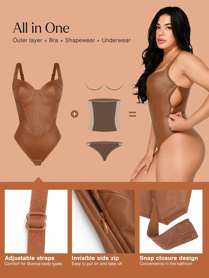 Sexy Faux Leather Corset Tank Bodysuit