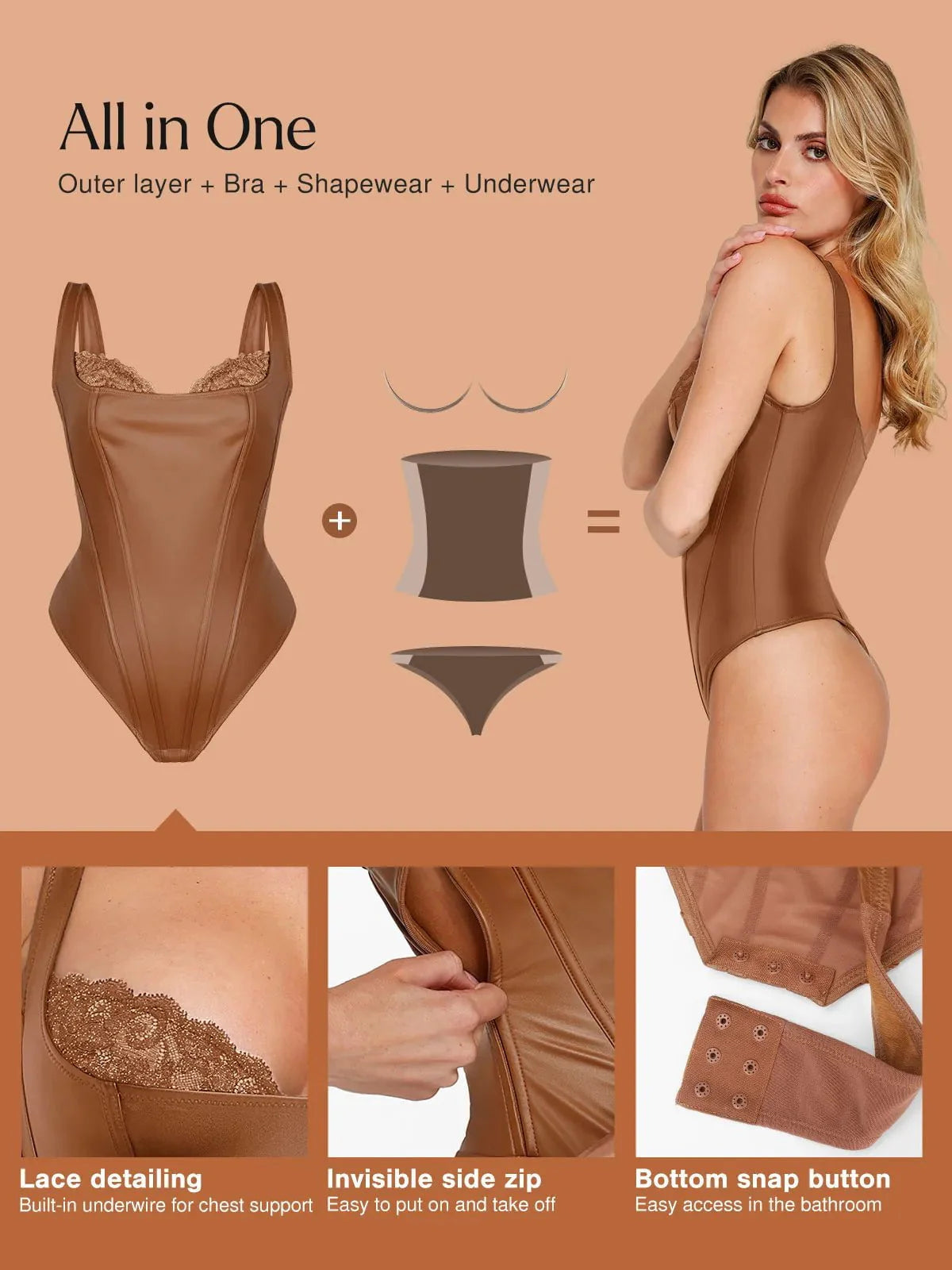 Shapewear Faux Leather Lace Balconette Tummy Control Bodysuit