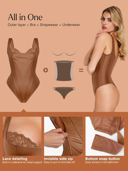 Shapewear Faux Leather Lace Balconette Tummy Control Bodysuit