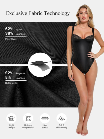 Shapewear Faux Leather Lace Balconette Tummy Control Bodysuit
