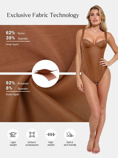 Shapewear Faux Leather Lace Balconette Tummy Control Bodysuit