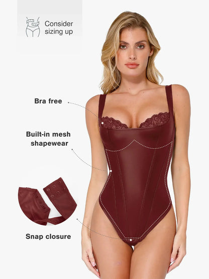 Shapewear Faux Leather Lace Balconette Tummy Control Bodysuit