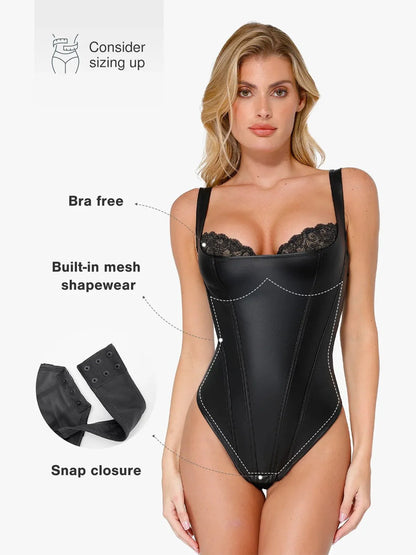 Shapewear Faux Leather Lace Balconette Tummy Control Bodysuit