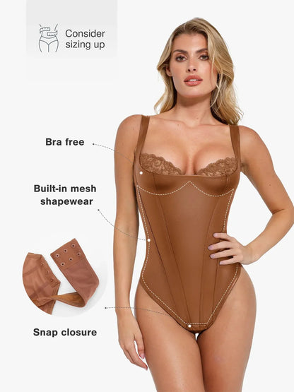 Shapewear Faux Leather Lace Balconette Tummy Control Bodysuit