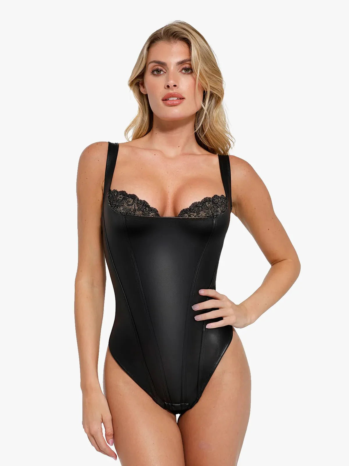 Shapewear Faux Leather Lace Balconette Tummy Control Bodysuit