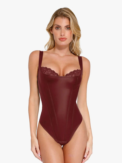 Shapewear Faux Leather Lace Balconette Tummy Control Bodysuit