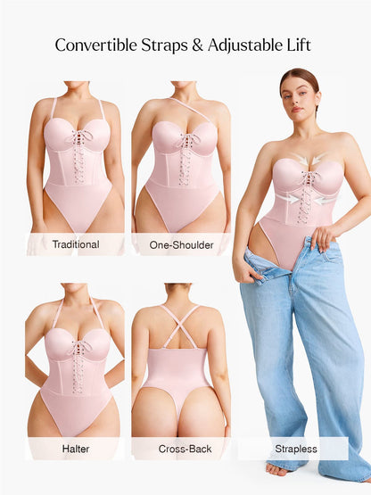 Shapewear Lace-Up Corset Bodysuit with Removable Straps