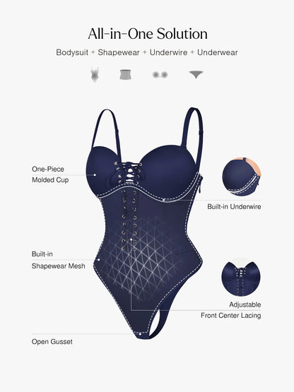 Shapewear Lace-Up Corset Bodysuit with Removable Straps