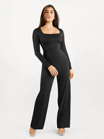 Shapewear Long Sleeve Square Neck Slimming Wide Leg Jumpsuit