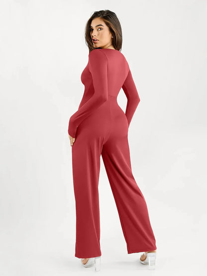 Shapewear Long Sleeve Square Neck Slimming Wide Leg Jumpsuit
