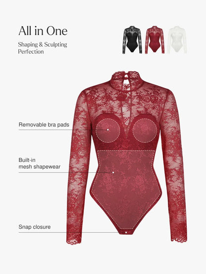 Shapewear Mock Neck Long Sleeve Floral Lace Bodysuit