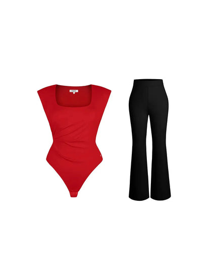 Shapewear Padded Shoulder Slimming Bodysuit Flare-Leg Pants Set